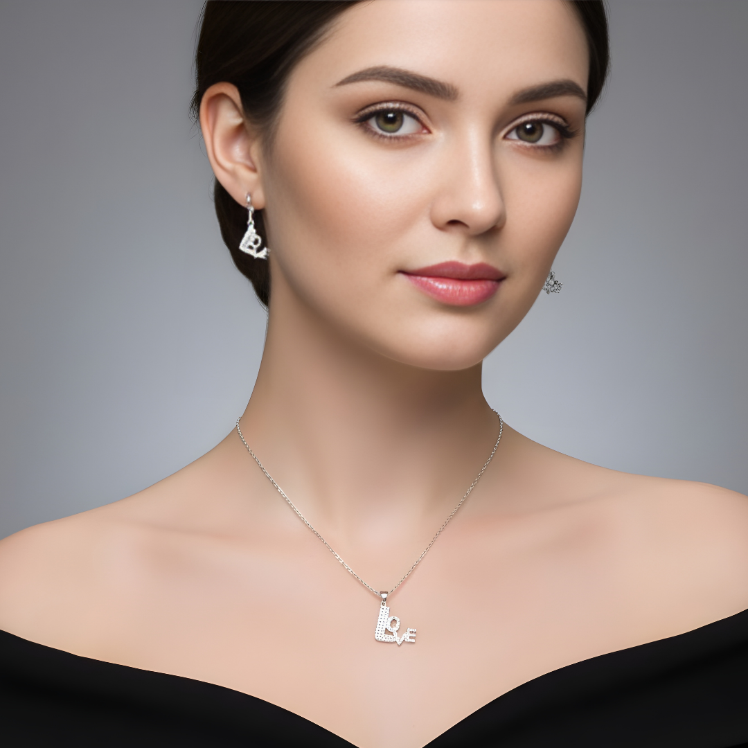 18K Rose Gold Filled LOVE Pendant Necklace With Earrings